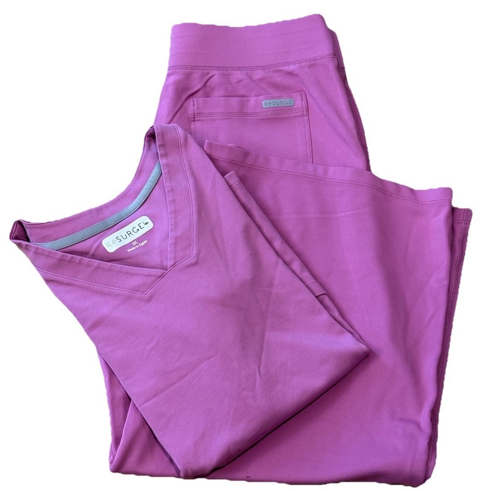 Resurge Womens M Lavender Scrub Set Two Pocket Top Petite Wide Leg Pants Stretch